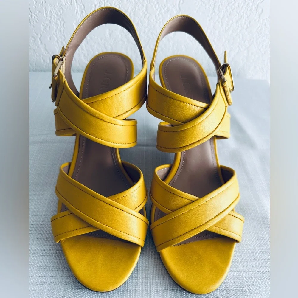 J Crew Shoe Lena Strappy Wood Wedge Sandals Leather Size 7.5 Yellow